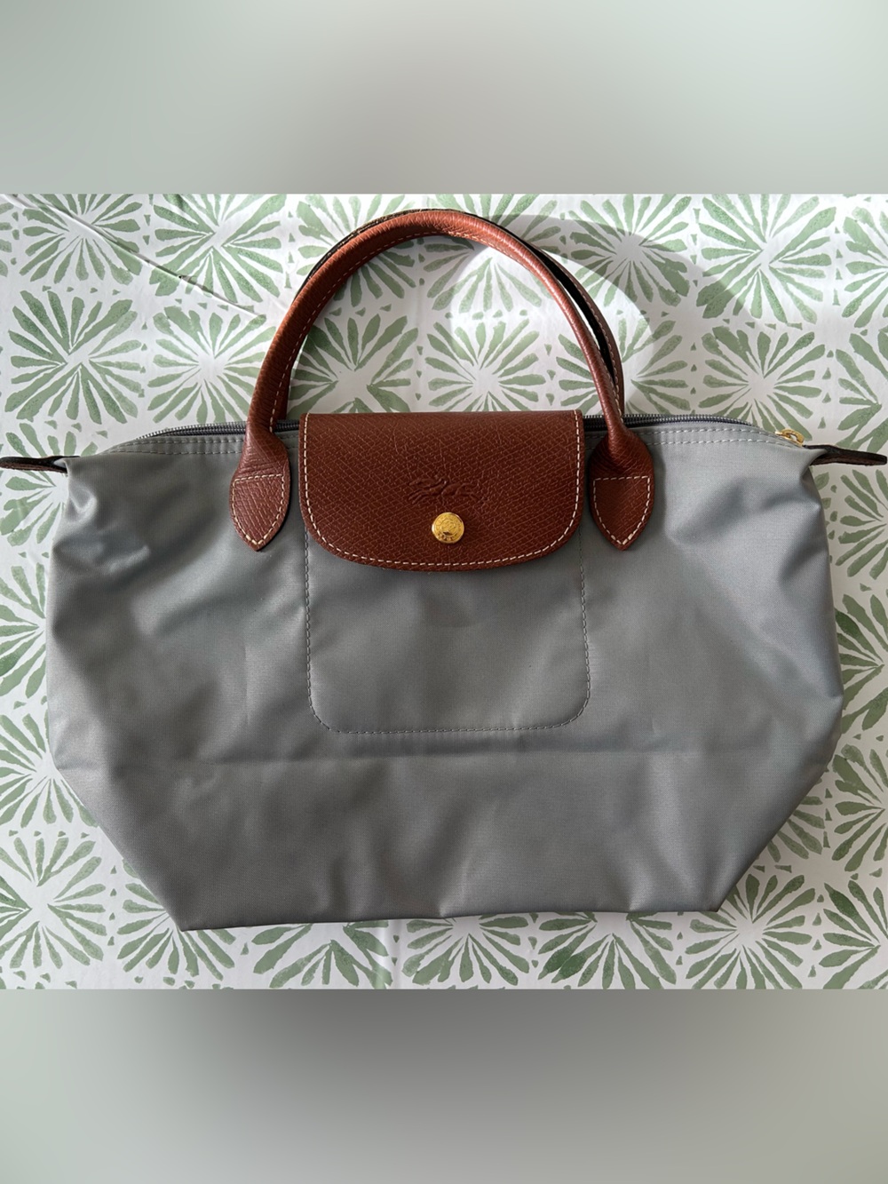 Longchamp Le Pliage Small Tote in Gray with Brown Leather Trim